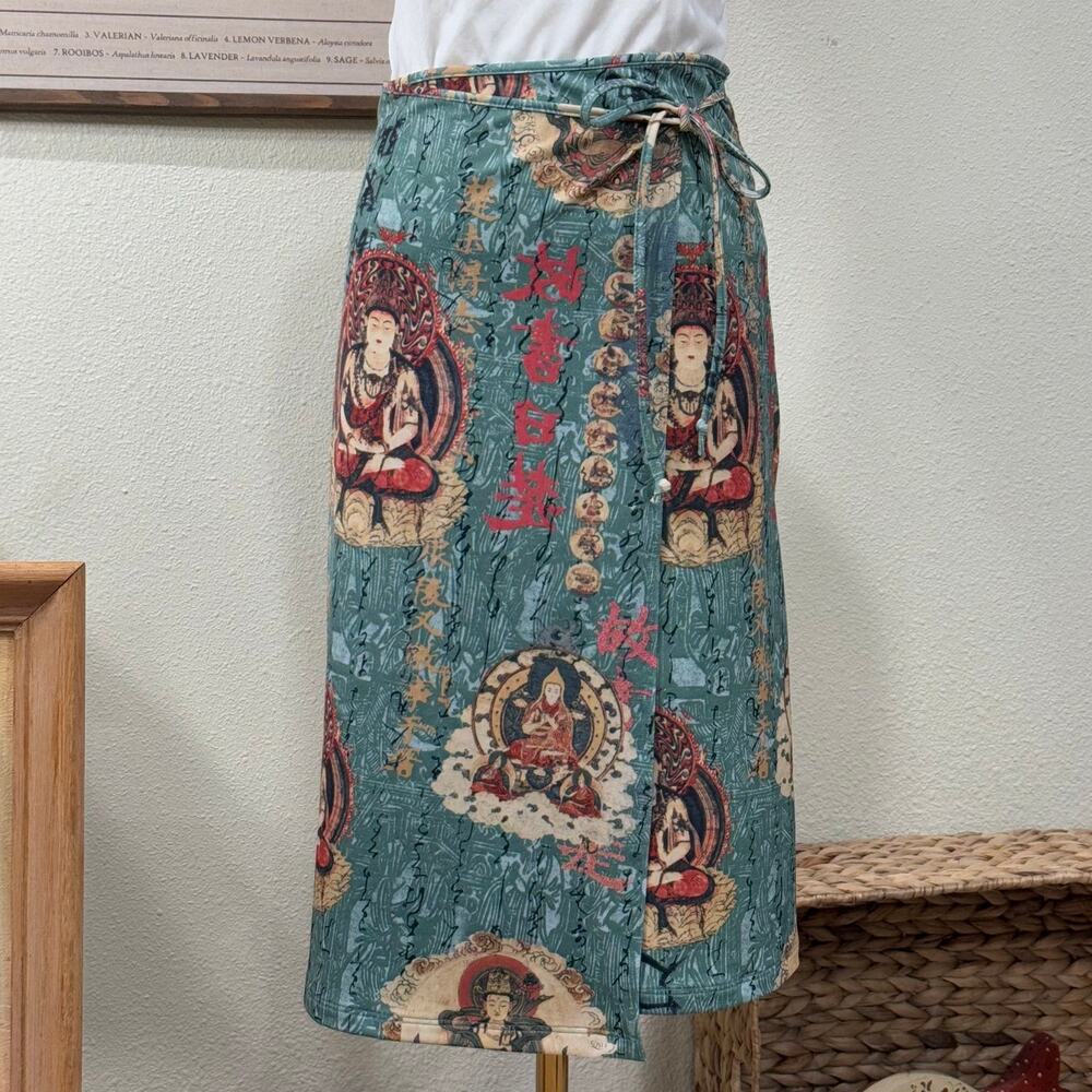 Vintage 90s Y2k Buddha Print Asian Inspired Tie Wrap Skirt Hippie Boho Grunge S